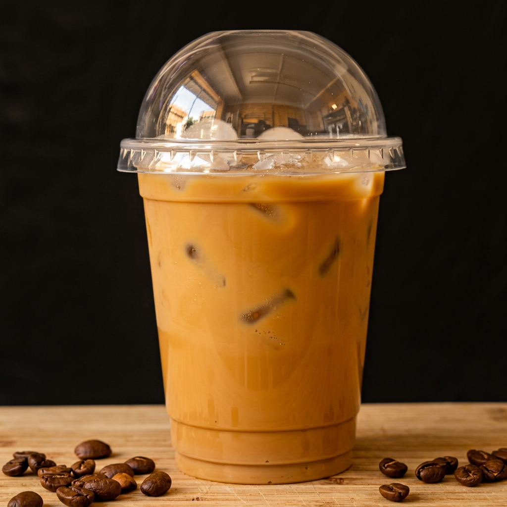 Vietnamese iced coffee from Rolls Station in a clear takeaway cup with a domed lid, beside roasted coffee beans