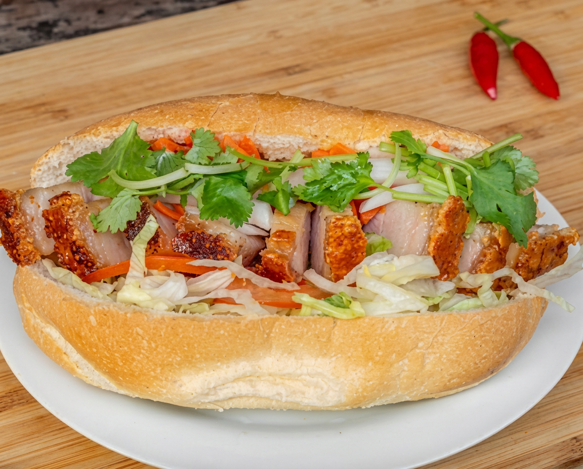 Crispy pork belly bánh mì from Rolls Station, filled with roast pork, pickled carrot, cabbage, coriander and spring onion